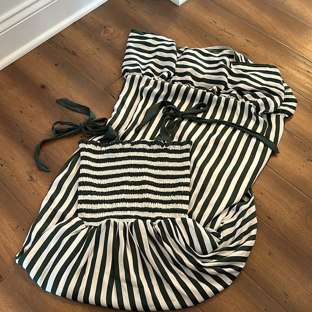 SUMMERSAULT - The Silky Luxe Smocked Maxi Dress in Nautical Stripe in Olive